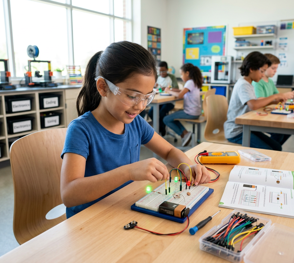 Firefly_Gemini Flash_Child building simple electronic circuit with LED lights and sensors on a classroom d 751479