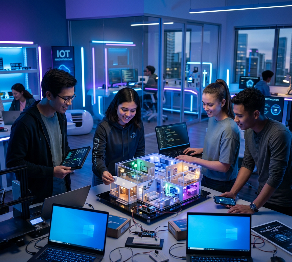 Firefly_Gemini Flash_Students testing smart home model with automated lights and motion sensors, futuristi 751479