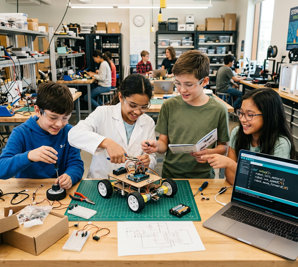 Firefly_Gemini Flash_Young learners assembling small wheeled robot with tools and laptop coding screen nea 751479