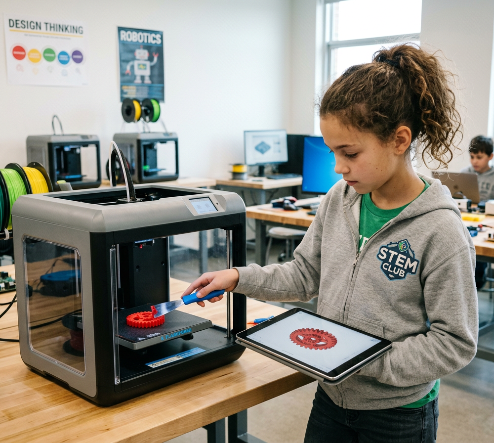 Firefly_Gemini Flash_kid Student removing freshly printed object from 3D printer while holding digital mod 128322