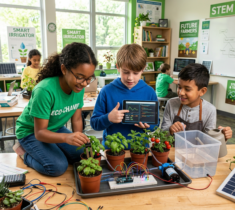 Firefly_Gemini Flash_kid learners testing smart irrigation model with plants, sensors and water system, br 128322