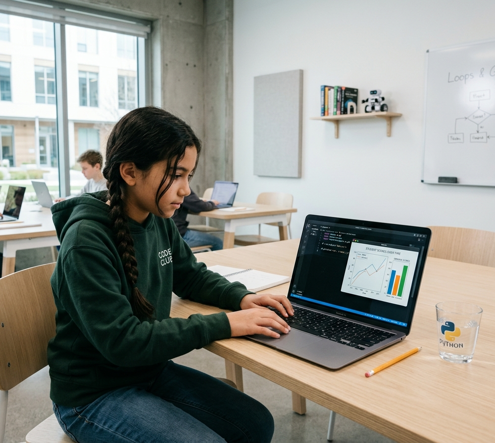 Firefly_Gemini Flash_kid student focused on laptop writing Python code with data graphs on screen, clean m 128322