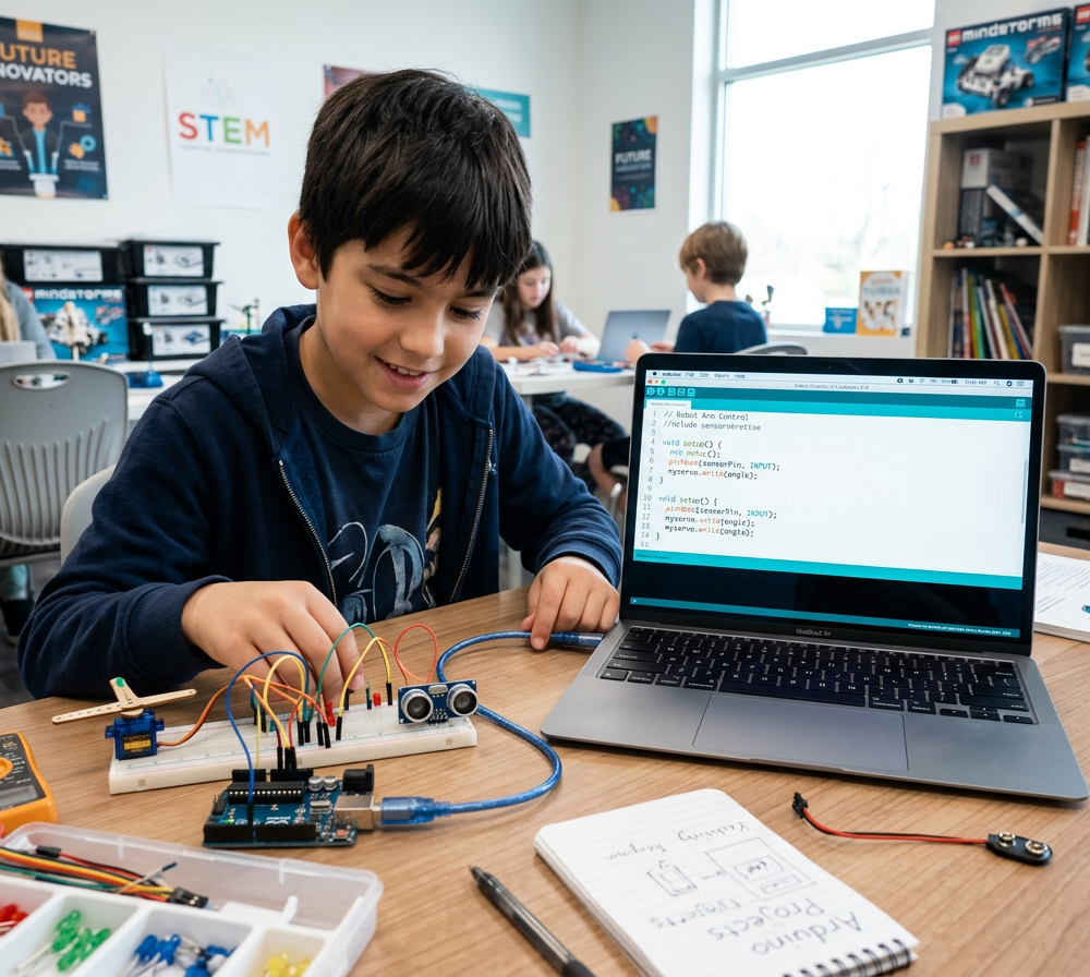 Firefly_Gemini Flash_kid tudent programming Arduino board connected to wires, sensors and small motors, mo 128322