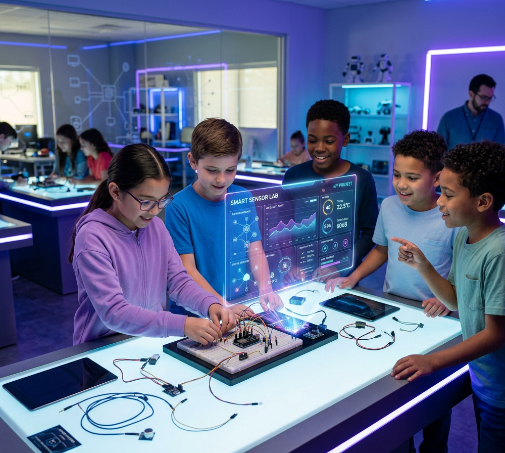 Firefly_Gemini Flash_kids Learners building smart sensor device with digital dashboard interface hologram 128322
