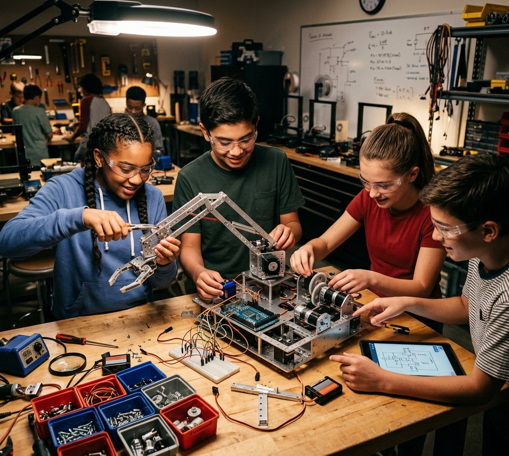 Firefly_Gemini Flash_kids students constructing complex robot with robotic arm components and multiple mot 128322