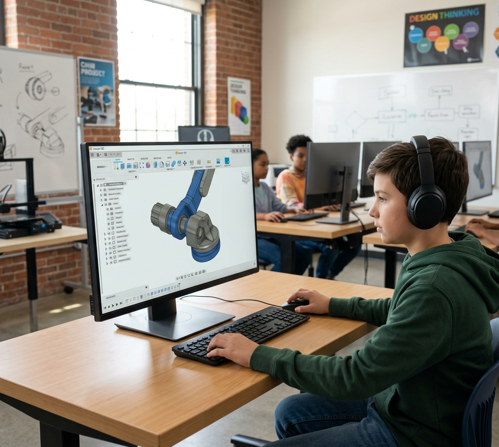 Firefly_kid Learner designing 3D mechanical part on large monitor with CAD software interface 128322